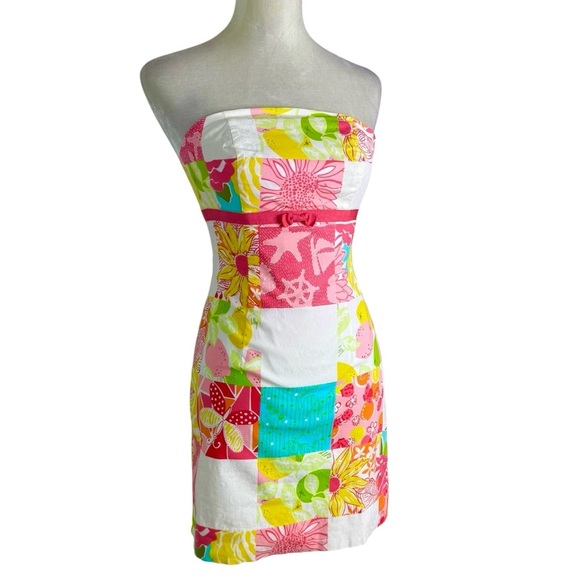 Vintage Lilly Pulitzer Strapless Patchwork Cotton Mini Dress Size 0 - Picture 4 of 8